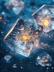 Leinwandbilder - Intricate icy crystals shimmer with glowing reflections, creating an ethereal atmosphere against a deep blue backdrop. Generative AI