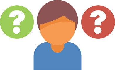 Poster - concept of decision making process, a person choosing between two options represented by question ma