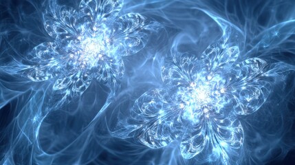 Fototapete - Intricate snowflake forms radiate with glowing icy shades, creating a mesmerizing winter-inspired display in a deep blue ambiance. Generative AI