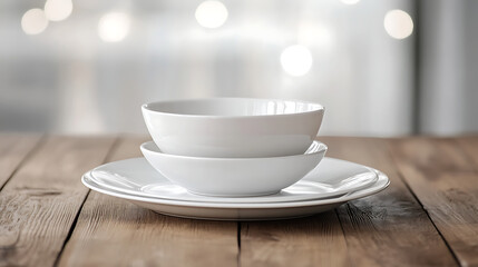Aufkleber - white ceramics plate and bowl isolated on a wooden table