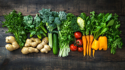 Poster - turmeric; ginger; Potato; pepper; Cucumber; White bitter; noion; Chinese kale; basil; broccoli; lettuce; cos; parsley; tomato isolated on a wooden table