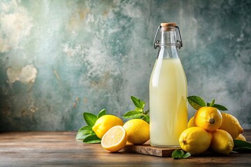 Still life of homemade lemonade bottle with lemons on textured background