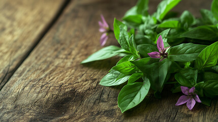Poster - thai basil isolated on a wooden table