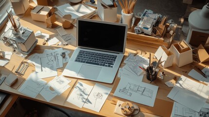Aufkleber - A clean workspace features a laptop surrounded by sketches, tools, and art supplies, all bathed in soft afternoon light. Generative AI