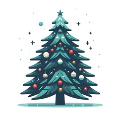 Flat, isolated illustration of a festive Christmas tree adorned with colorful ornaments, lights, and a shining star on top. The tree has a classic triangular shape and vibrant green branches. 