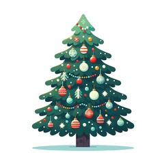 Flat, isolated illustration of a festive Christmas tree adorned with colorful ornaments, lights, and a shining star on top. The tree has a classic triangular shape and vibrant green branches. 