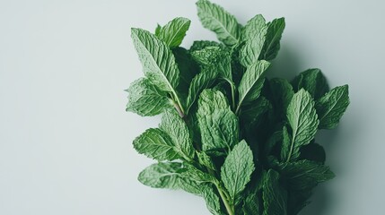 A bunch of fresh mint leaves on a white background.