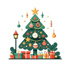 Flat, isolated illustration of a festive Christmas tree adorned with colorful ornaments, lights, and a shining star on top. The tree has a classic triangular shape and vibrant green branches. 