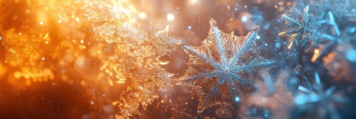 Aufkleber - Delicate snowflake shapes shimmer in glowing icy hues, portraying a magical winter wonderland under soft twilight hues. Generative AI