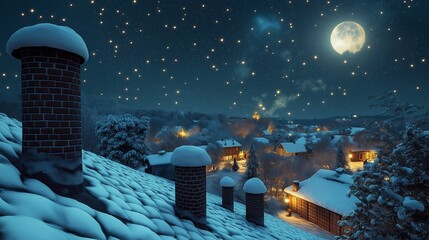 Wall Mural - A snowy rooftop scene under the moonlight, with snow-covered chimneys and the twinkling lights of a small village below. 