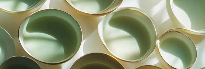 Aufkleber - Warm brown and green tea cups are elegantly arranged, reflecting soft light and providing a cozy atmosphere for afternoon tea. Generative AI