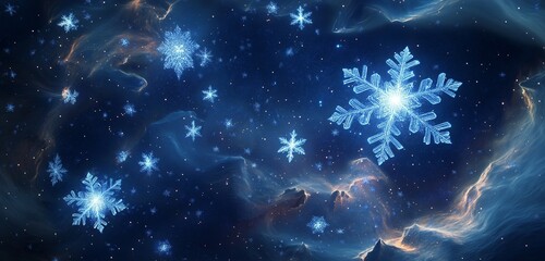 Wall Mural - a vast cosmic landscape filled with shimmering snowflake-shaped stars glowing in shades of blue and 