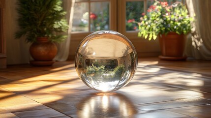 A polished Feng Shui crystal ball reflecting natural light in a peaceful room.