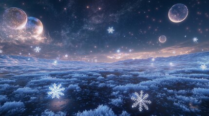 Wall Mural - A wintery cosmic landscape where snowflake stars form constellations across the Snowflake Galaxy. Vast fields of icy stardust and glowing planets fill the scene.