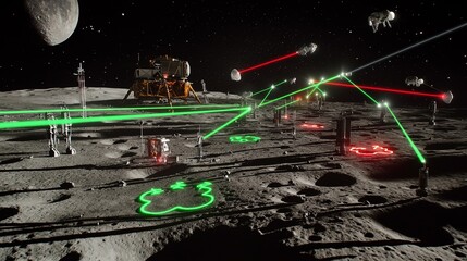 Wall Mural - An elaborate Christmas light show on the moon, with beams of green and red lasers creating holiday shapes across the lunar landscape. 