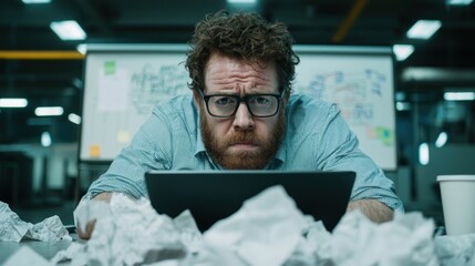 wornout entrepreneur in a spacious office battling paperwork and digital overload amidst creative ch