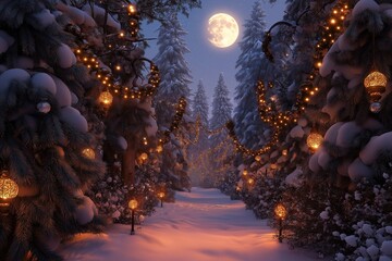 Wall Mural - An enchanted forest covered in snow, with pine trees decorated with twinkling lights and ornaments. A path leads through the trees.
