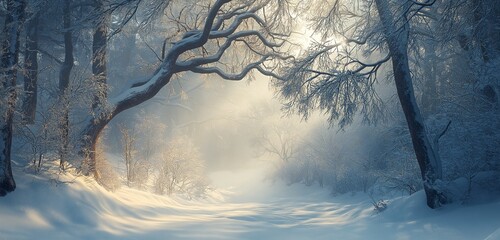 Wall Mural - An enchanted winter forest, with snow-laden branches and soft light streaming through. The ground is blanketed in fresh snow, and a slight mist hangs in the air, creating a serene, ethereal, 