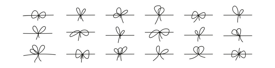 black bow with tied rope and ribbon knot. simple line design of string and thread for gift wrapping 