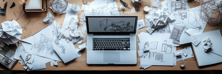 Fototapete - A laptop is surrounded by crumpled papers and sketches, indicating a busy creative process and focus on brainstorming ideas. Generative AI
