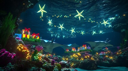 Wall Mural - An underwater scene where manta rays glide gracefully above a decorated coral reef. The reef is lit with bioluminescent lights shaped like Christmas stars.