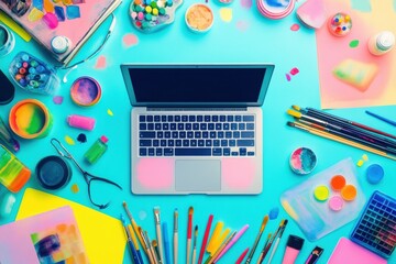 Aufkleber - A laptop is at the center of a colorful workspace filled with art supplies, paint, and brushes, creating an inspiring atmosphere. Generative AI