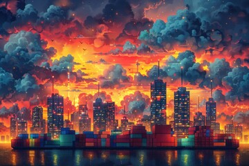 A vibrant city skyline at sunset with a cargo ship in the foreground, surrounded by a dense, colorful sky with glittering lights.