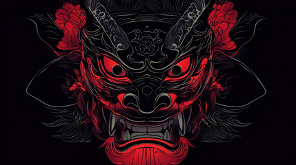 Hanya mask design featuring intricate black and red colors, showcasing fierce expression and detailed features. This artwork captures essence of traditional Japanese culture