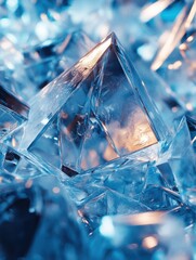 Poster - Intricate icy crystals sparkle and reflect light, creating a mesmerizing array of abstract shapes against a serene blue backdrop. Generative AI