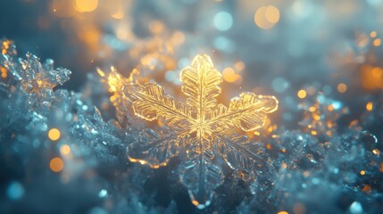 Poster - Glowing icy snowflakes shimmer with vibrant shades, creating a captivating display in a tranquil winter setting during dusk. Generative AI