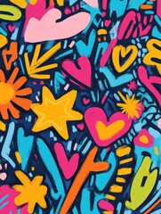 Poster - Bright doodles combine hearts, stars, and arrows in a lively pattern, showcasing a playful and artistic expression of color and fun. Generative AI