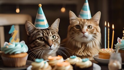 Two adorable cats celebrating a birthday with colorful cupcakes and party hats in a joyful atmosphere of fun and festivity