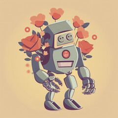 Adorable cartoon robot holding a bouquet of roses and flowers in its arms, standing in a whimsical setting with a light pastel background, fun and playful illustration. valentine's day, love,heart,