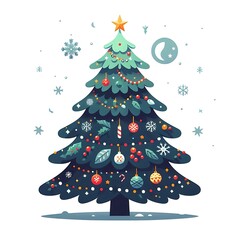 Flat, isolated illustration of a festive Christmas tree adorned with colorful ornaments, lights, and a shining star on top. The tree has a classic triangular shape and vibrant green branches. 