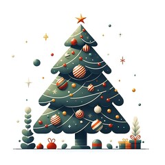 Flat, isolated illustration of a festive Christmas tree adorned with colorful ornaments, lights, and a shining star on top. The tree has a classic triangular shape and vibrant green branches. 