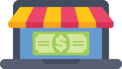 Poster - laptop is showing a digital storefront and a dollar bill, representing the concept of online shoppin