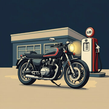 Car gas station in retro style. Classic motorcycle with gas station. Smooth raster version of vector illustration.