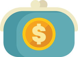 Poster - simple flat vector icon of a blue wallet holding a large gold coin with a dollar sign on it