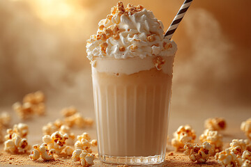 Creamy dessert beverage with vanilla ice cream, whipped cream, and caramel popcorn in a tall glass, set on a warm peach backdrop. Inviting and lighthearted.