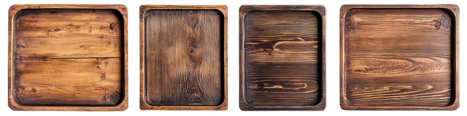 Various rustic wooden trays on white isolated background. transparent background