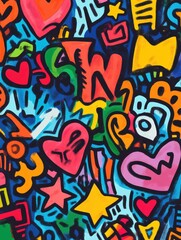 Aufkleber - This lively doodle features a mix of vibrant icons including stars, hearts, and arrows, creating an energetic atmosphere of playful creativity. Generative AI