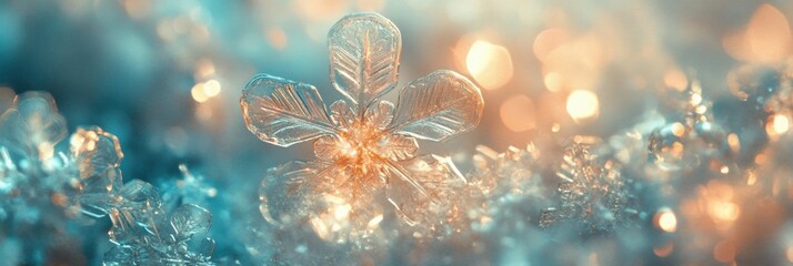 Poster - Delicate snowflake shapes radiate glowing icy shades, creating an enchanting atmosphere in a serene winter landscape. Generative AI