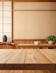 Wall Mural - Empty wooden table blurred background interior japanese restaurant