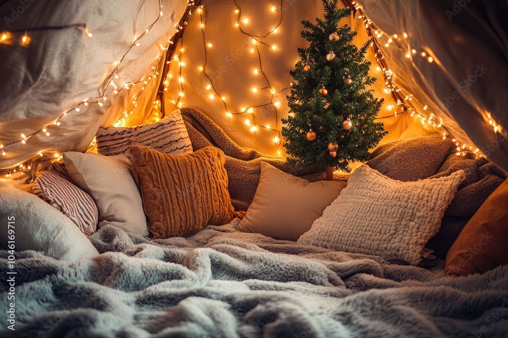 A cozy blanket fort adorned with fairy lights, with pillows and ...