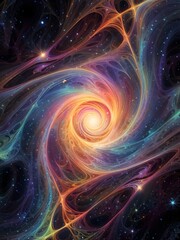 Wall Mural - A vibrant swirl of colors creates a mesmerizing cosmic vortex, surrounded by stars in a vast, dark universe. Energetic lines of light spiral toward a bright central point, evoking a sense of movement 