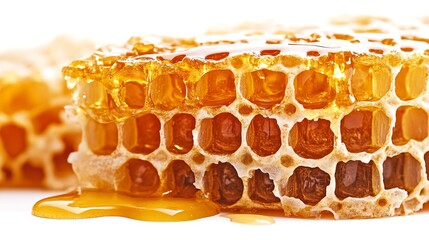 Honeycomb dripping with golden honey, white isolated background.