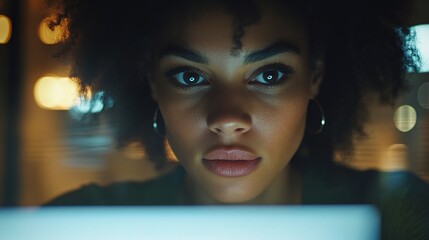 Canvas Print - Focused Woman Working Late at a Computer