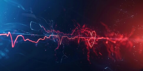 Poster - Heartbeat line on a digital background with blue and red colors, representing health and technology, featuring vibrant waveforms and glowing effects