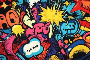 Aufkleber - Vibrant comic-style doodles showcase playful speech bubbles and explosive sound effects against a colorful backdrop, creating energy and excitement. Generative AI