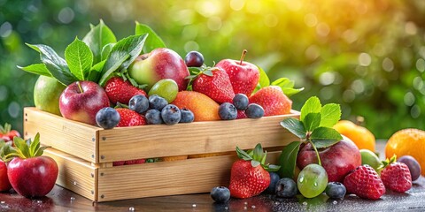 A wooden crate overflowing with a colorful assortment of ripe summer fruit, including strawberries, blueberries, apples, and peaches, set against a backdrop of lush green foliage and warm sunlight.